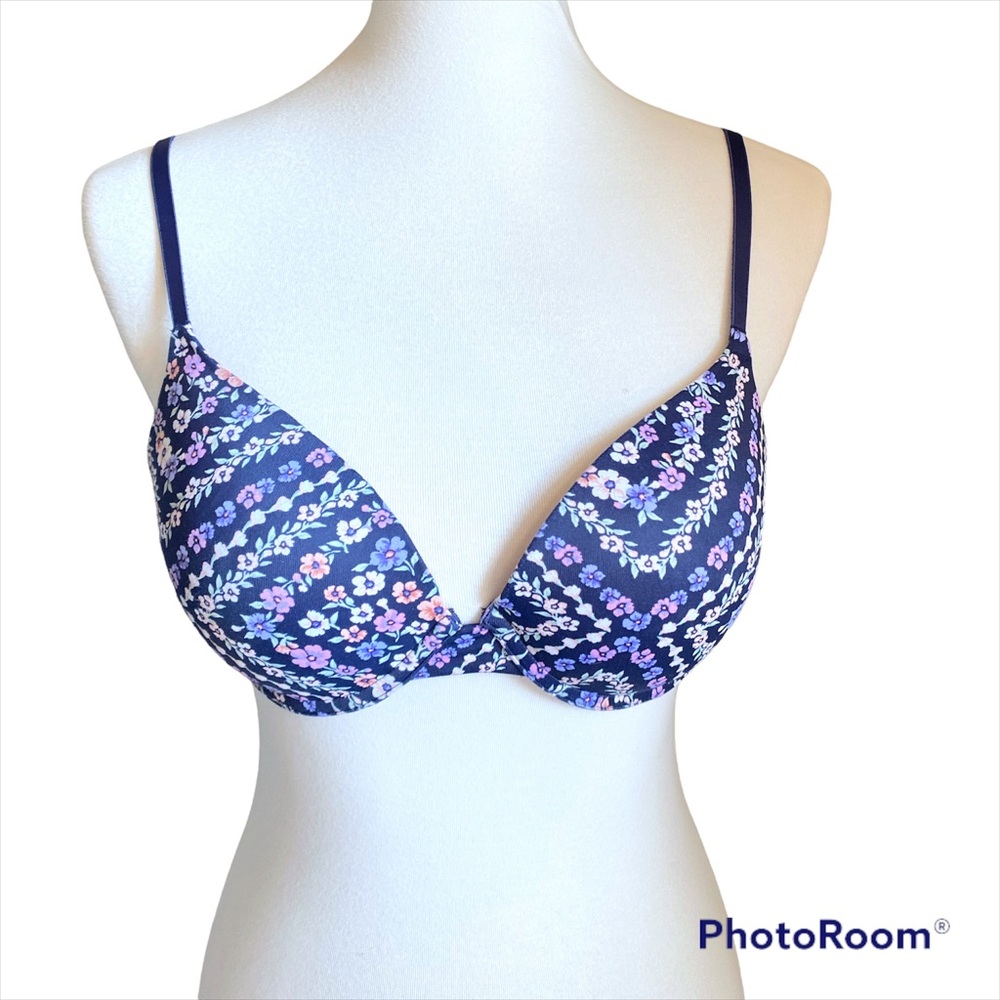 Victoria’s Secret Push Up Bra 34C Blue Floral Padded Underwire Plunge Lined